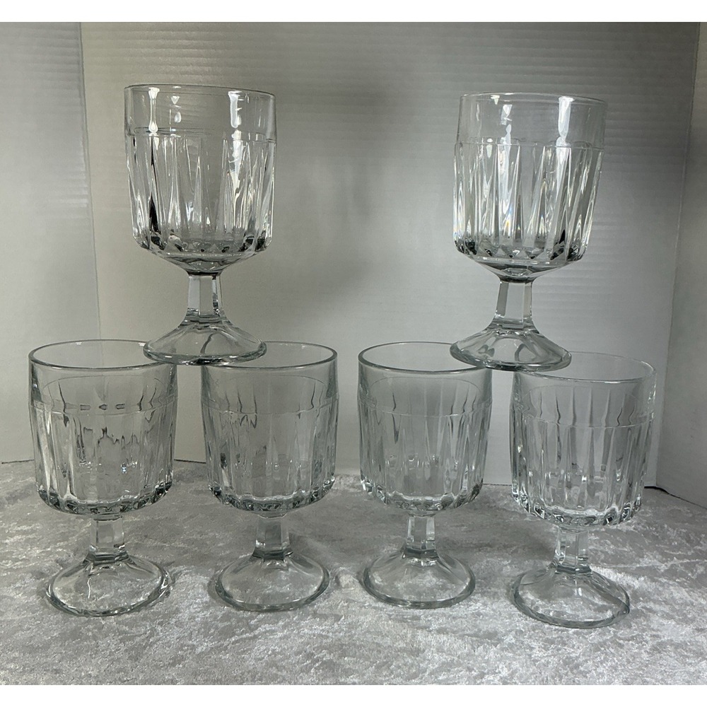 Libbey Duratuff Clear Faceted Water Goblets Set Of 6 Pressed Glass Stemware